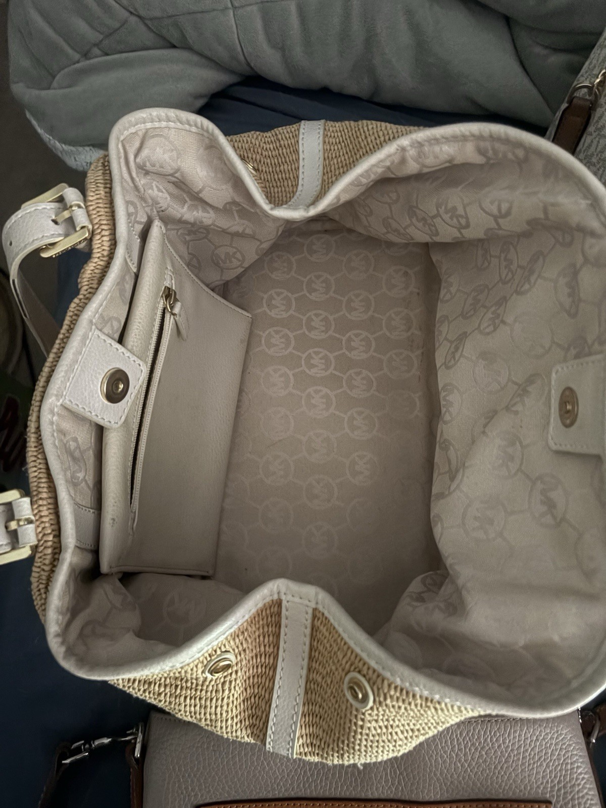Michael Kors Straw Raffia Tote Bag White Leather Trim MK Charm Summer Beach
