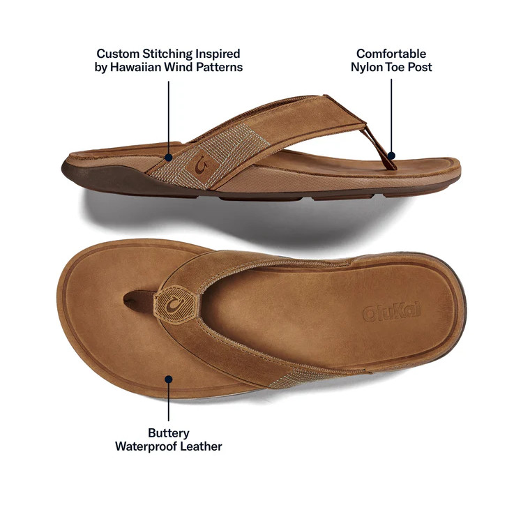 NEW OluKai Tuahine Men’s Waterproof Leather Sandals Toffee Comfort Flip Flops