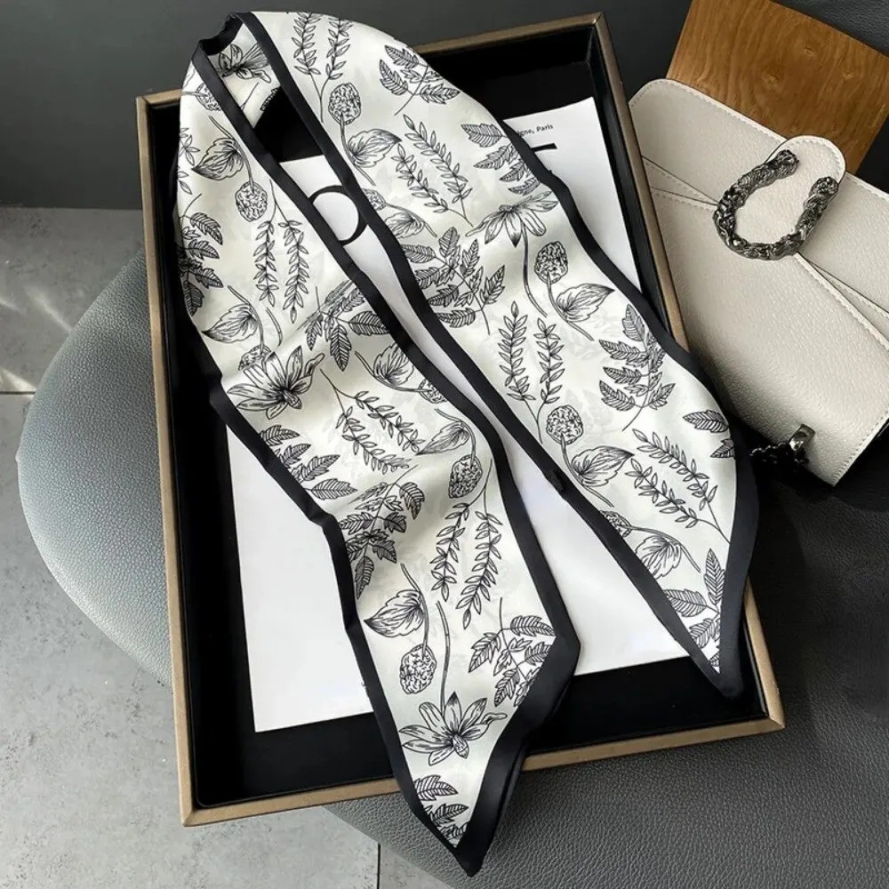 Women Floral Satin Silk Skinny Scarf Hair Ribbon Neck Tie Bag Handle Wrap