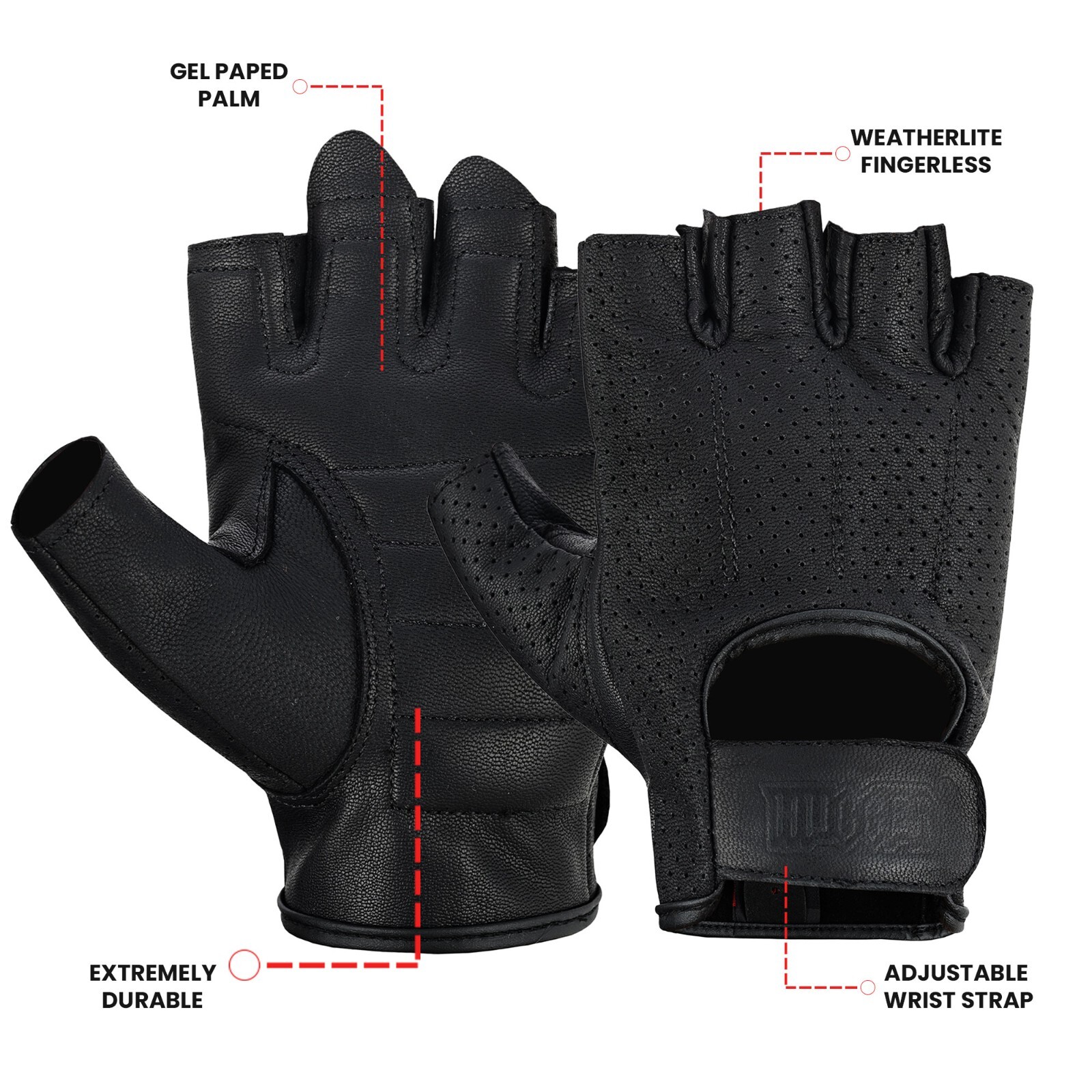 HUGGER Weatherlite Fingerless Motorcycle Gloves Gel Padded Palm Summer Riding