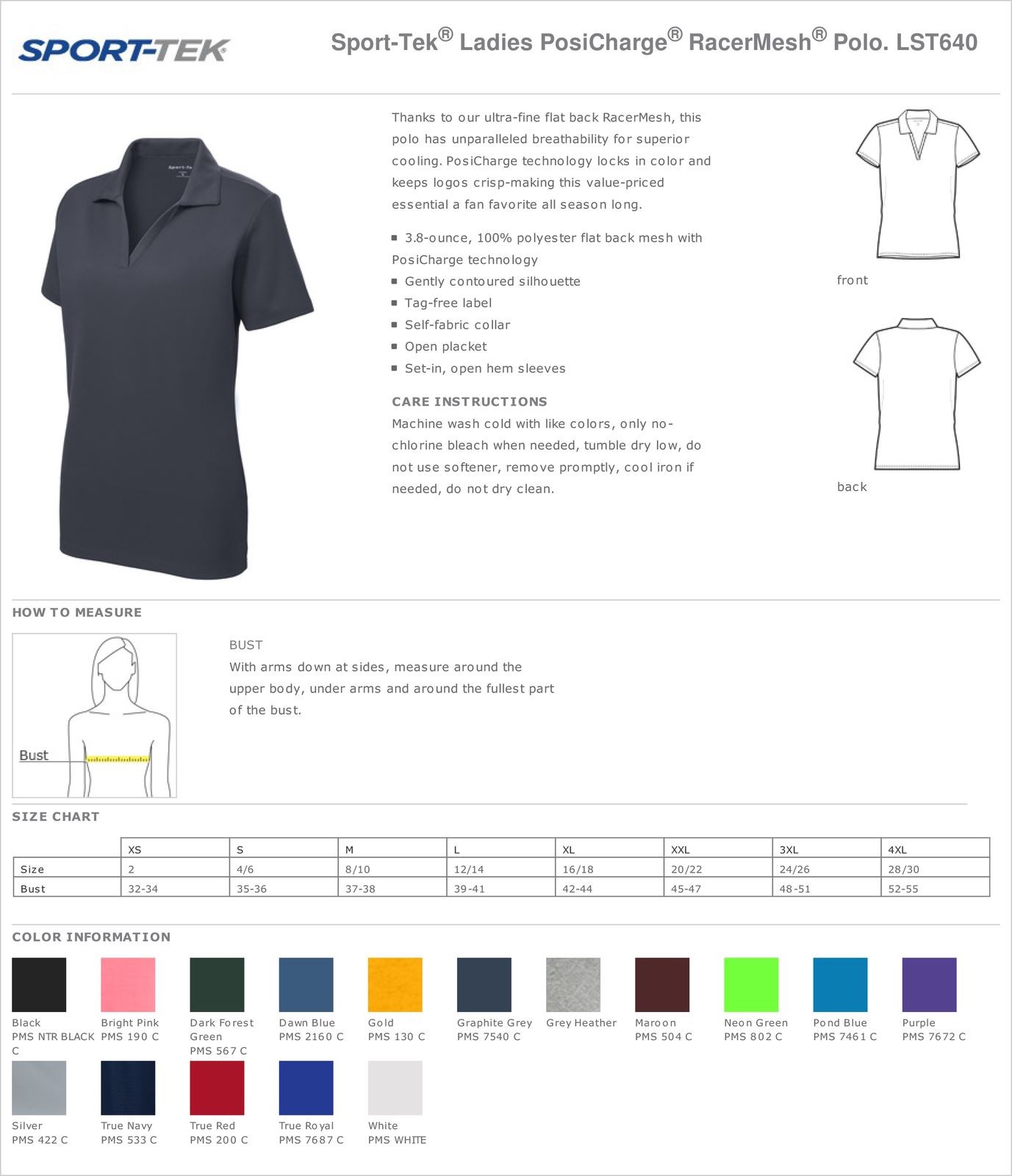 Sport Tek Womens 100% Polyester Dri-Fit Performance Polo Golf Shirt M-LST640