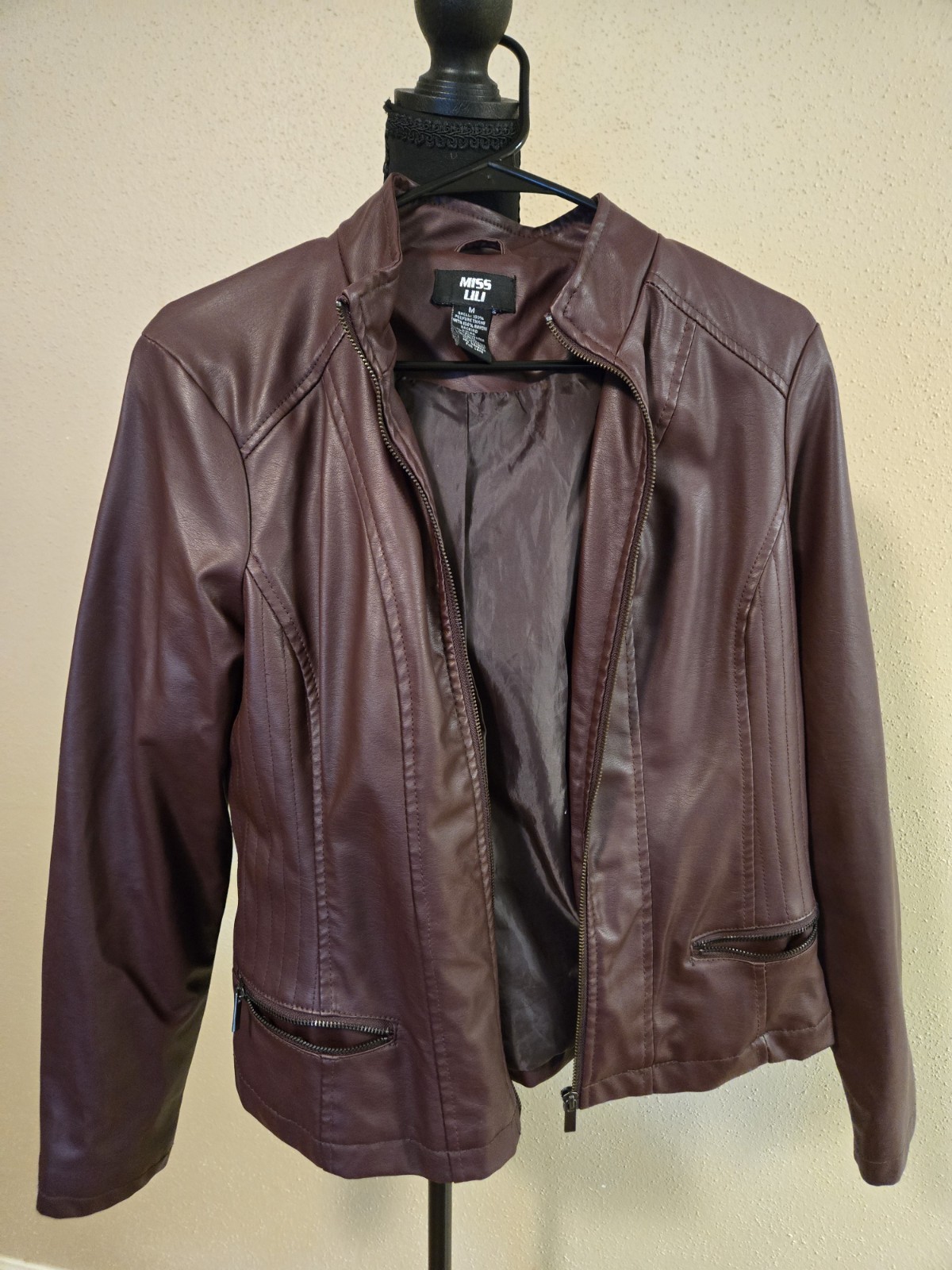 MISS LILI Women’s Burgundy Full-Zip Jacket Pockets Lined Long Sleeve M