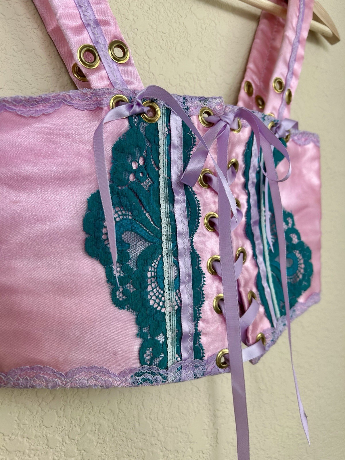 Corset Bodice Pink Green Vintage Fabric The Frock Shoppe Hand Made Gypsy RARE