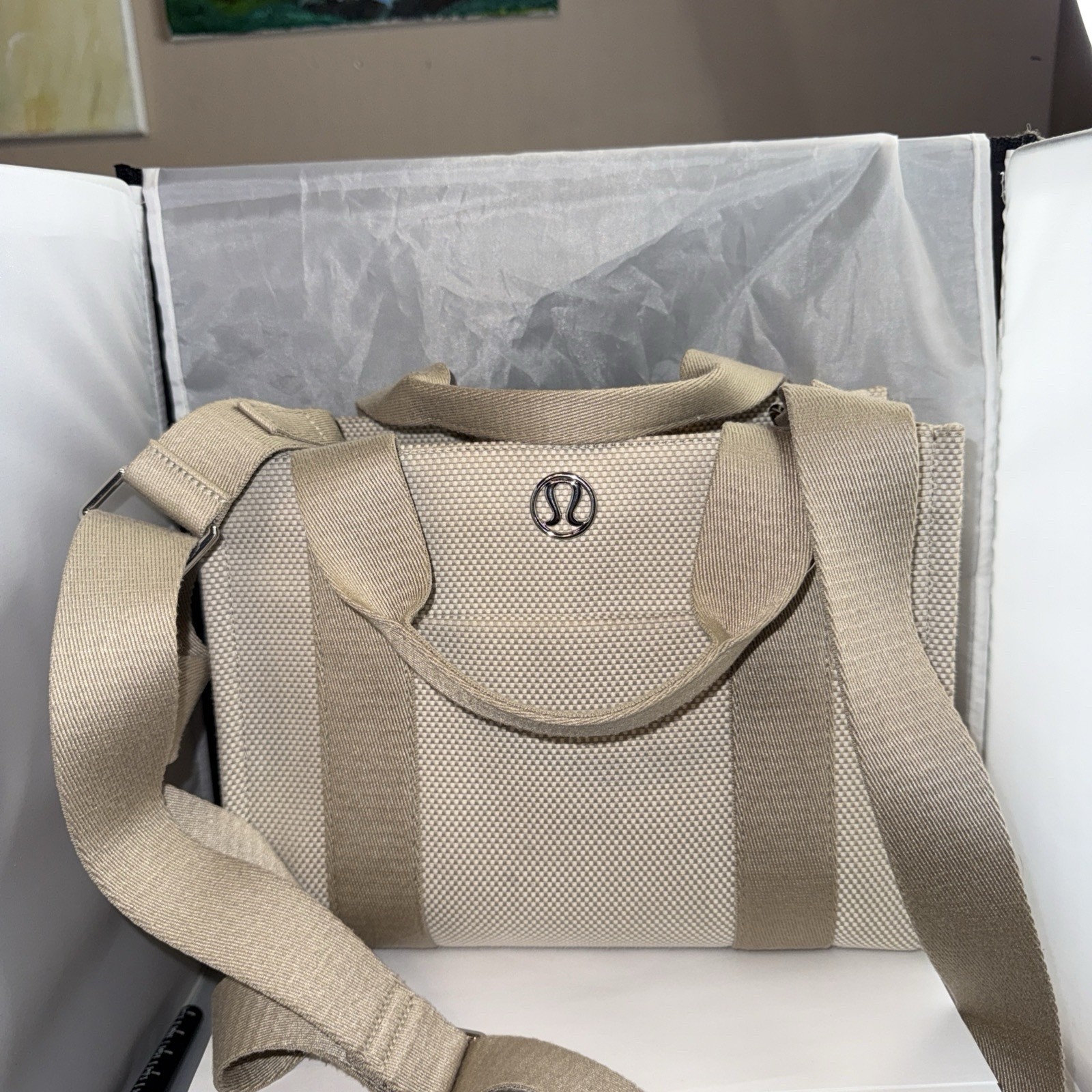 Lululemon Two-Tone Mini Canvas Tote Bag Mojave Tan Light Ivory In Great Shape