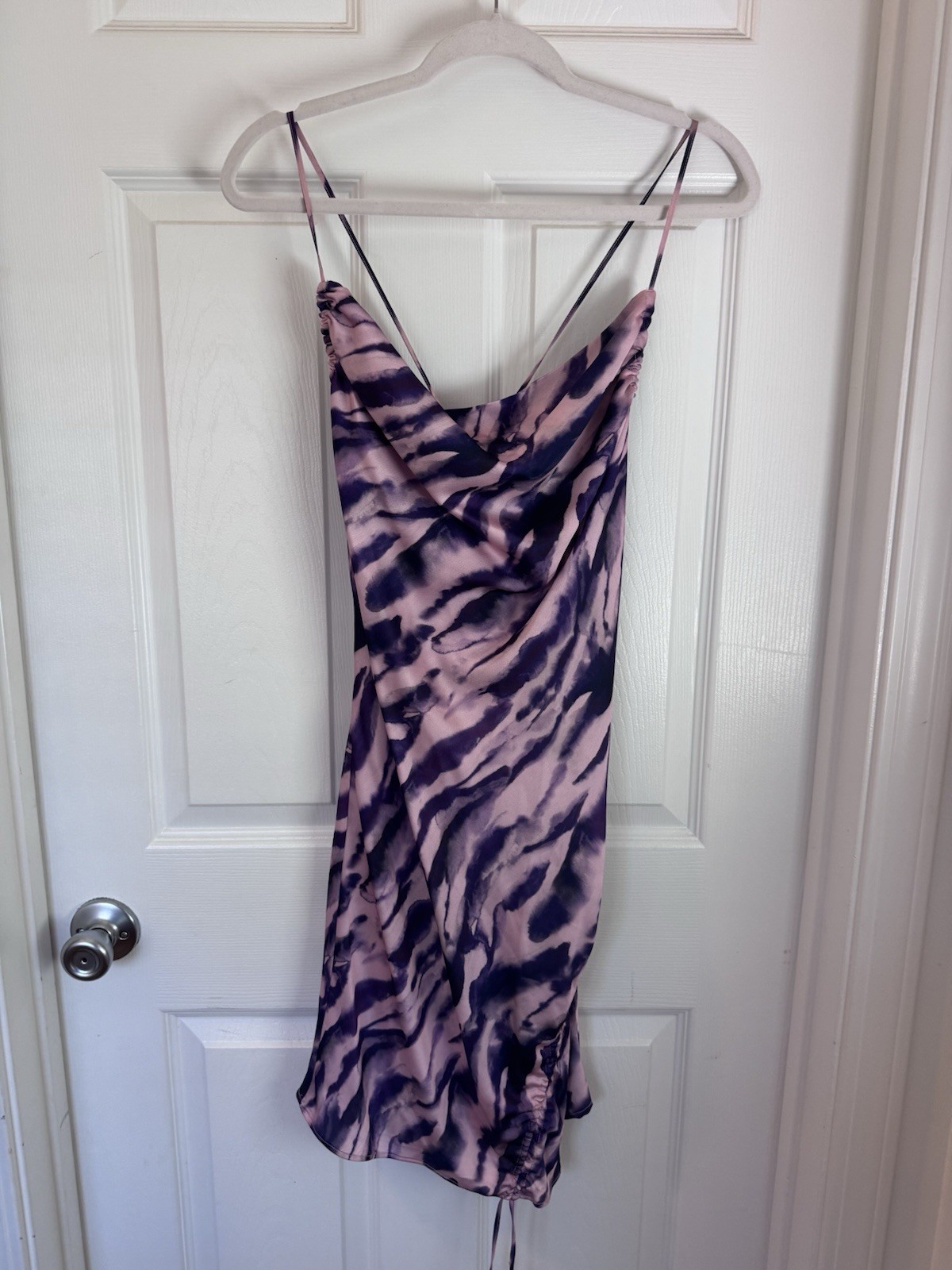 Topshop Purple Swirl Tie Dye Satin Strappy Sexy Slip On Mini Dress Womens 8
