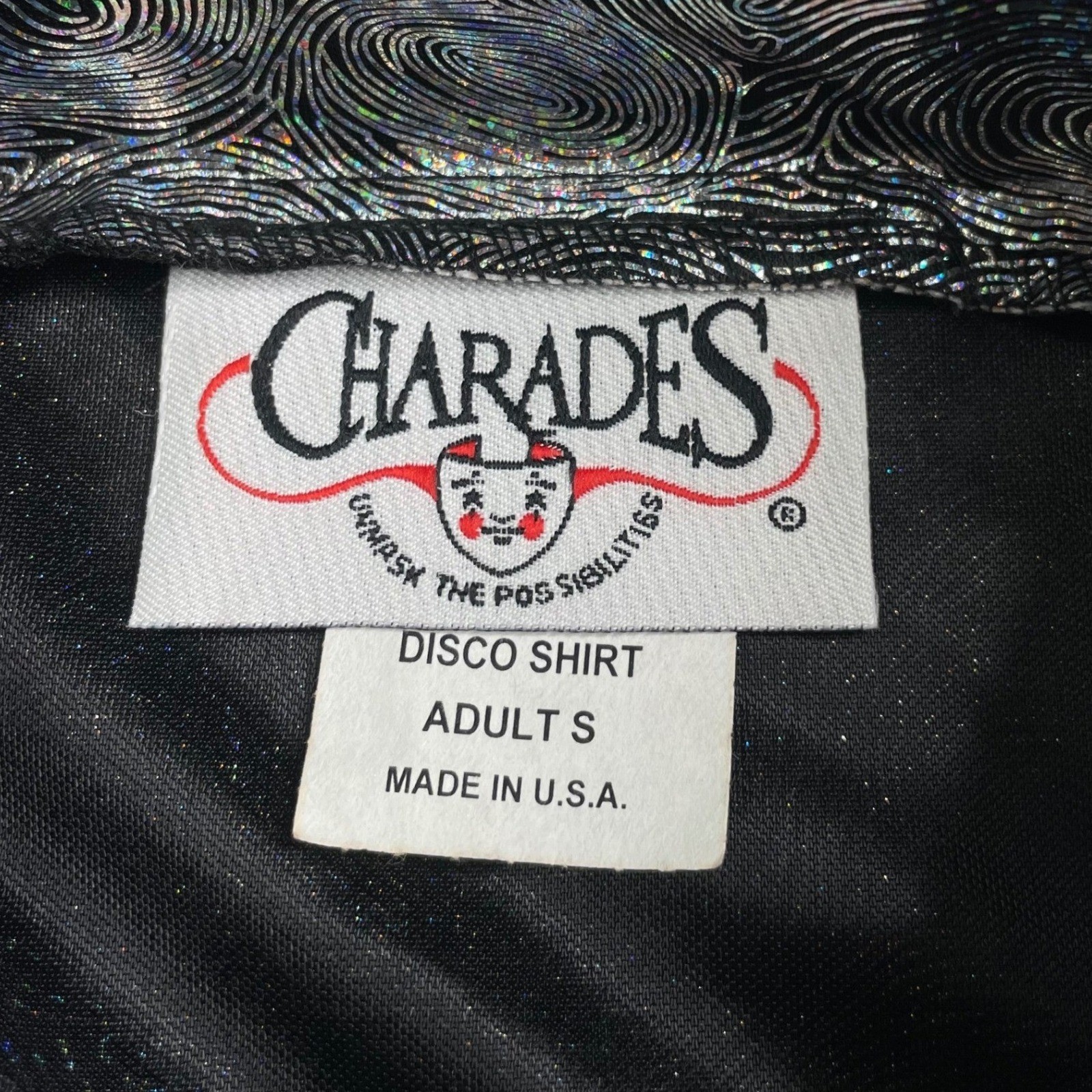 Charades Disco Shirt Mens Small Silver Holographic Swirl Button Up 01859