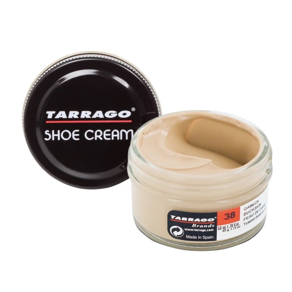 tarrago shoe cream, 38 buckskin, 1.7 ounce glass jar, for leather care and shine