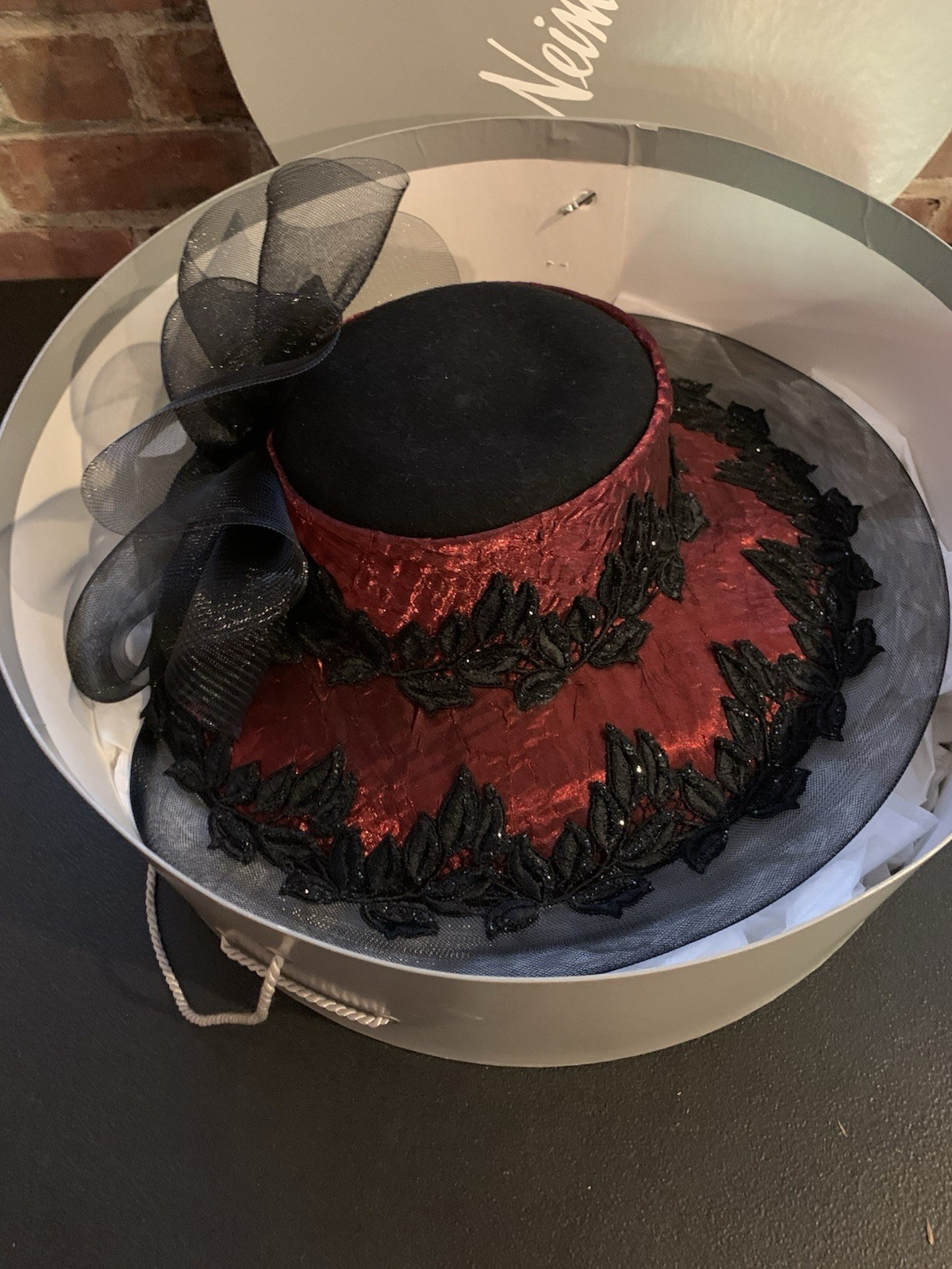 Mr. Song Millinery Hat Victorian Style Striking Red Texture Black Lace With Bow
