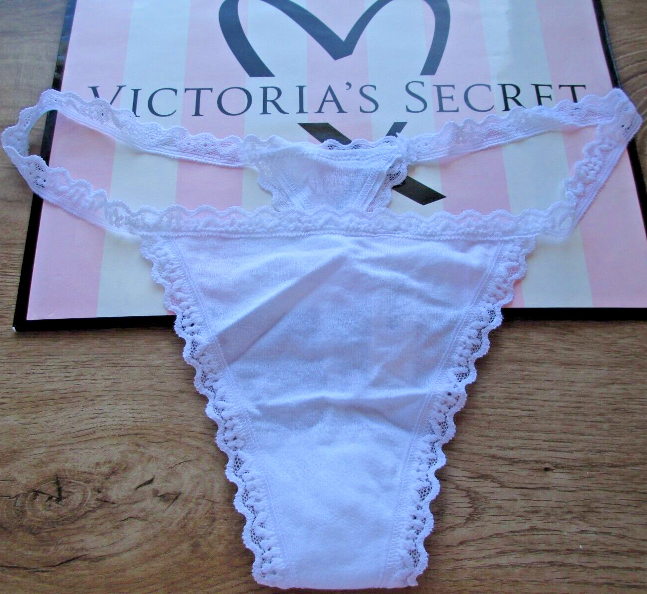 VICTORIA’S SECRET White Cotton V-String Thong Panty VS Lace Trim S M L XL NWT