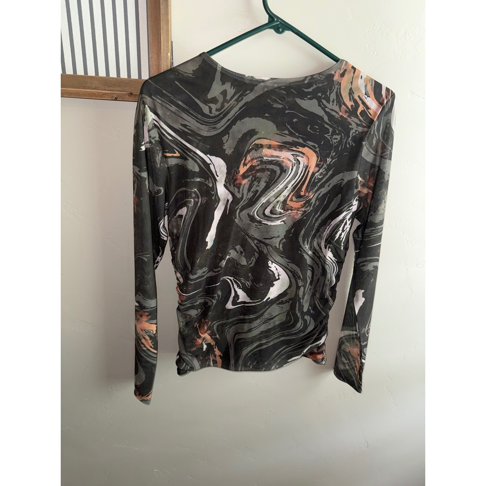 Bailey 44 Womens Marble Swirl Ruched Mesh Long Sleeve Top Green Peach Size M