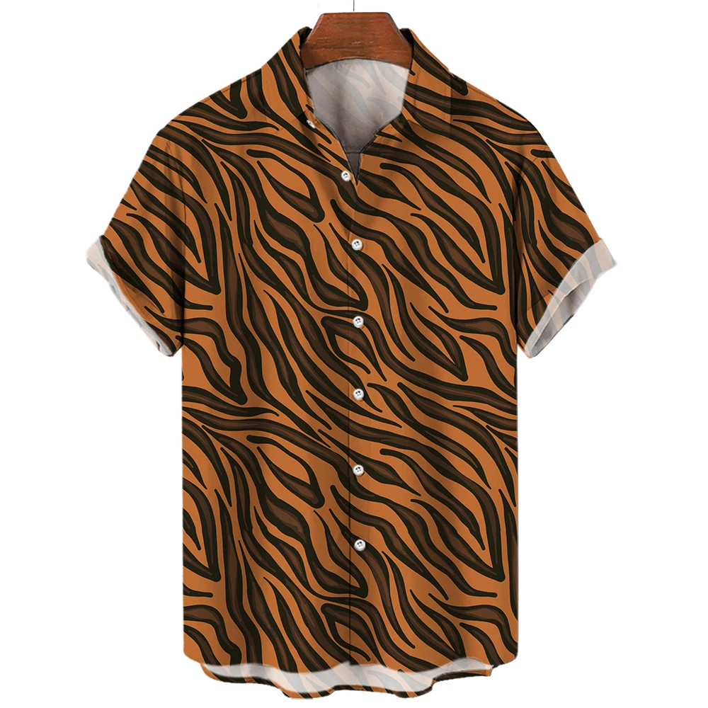 Men’s Leopard Print Oversized Short Sleeve Button-Up Shirt with Lapel