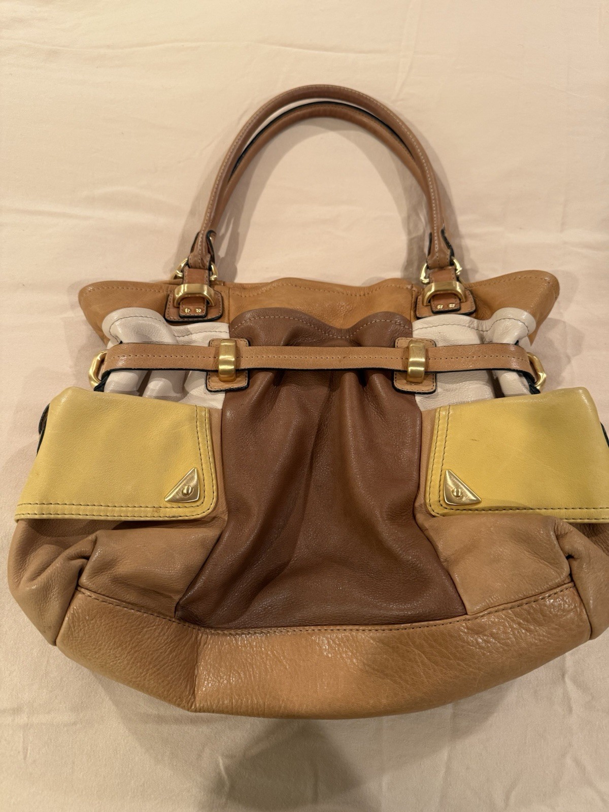 B. Makowsky Medium Satchel Top Handle Brown Tan Yellow Animal Print Lining