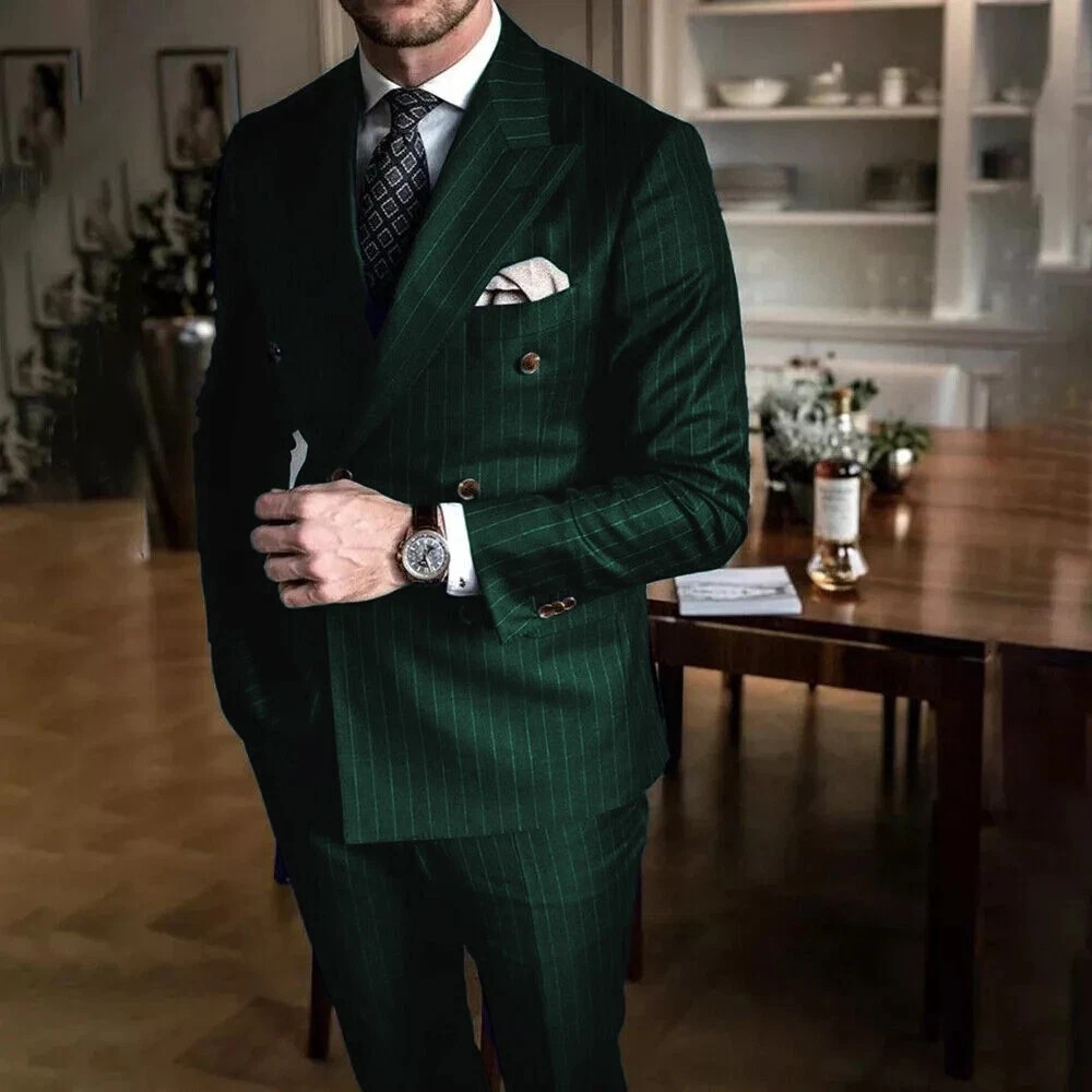 Chic Pinstripe Men’s Suits 2 Pieces Set Formal Double Breasted Peak Lapel Suit