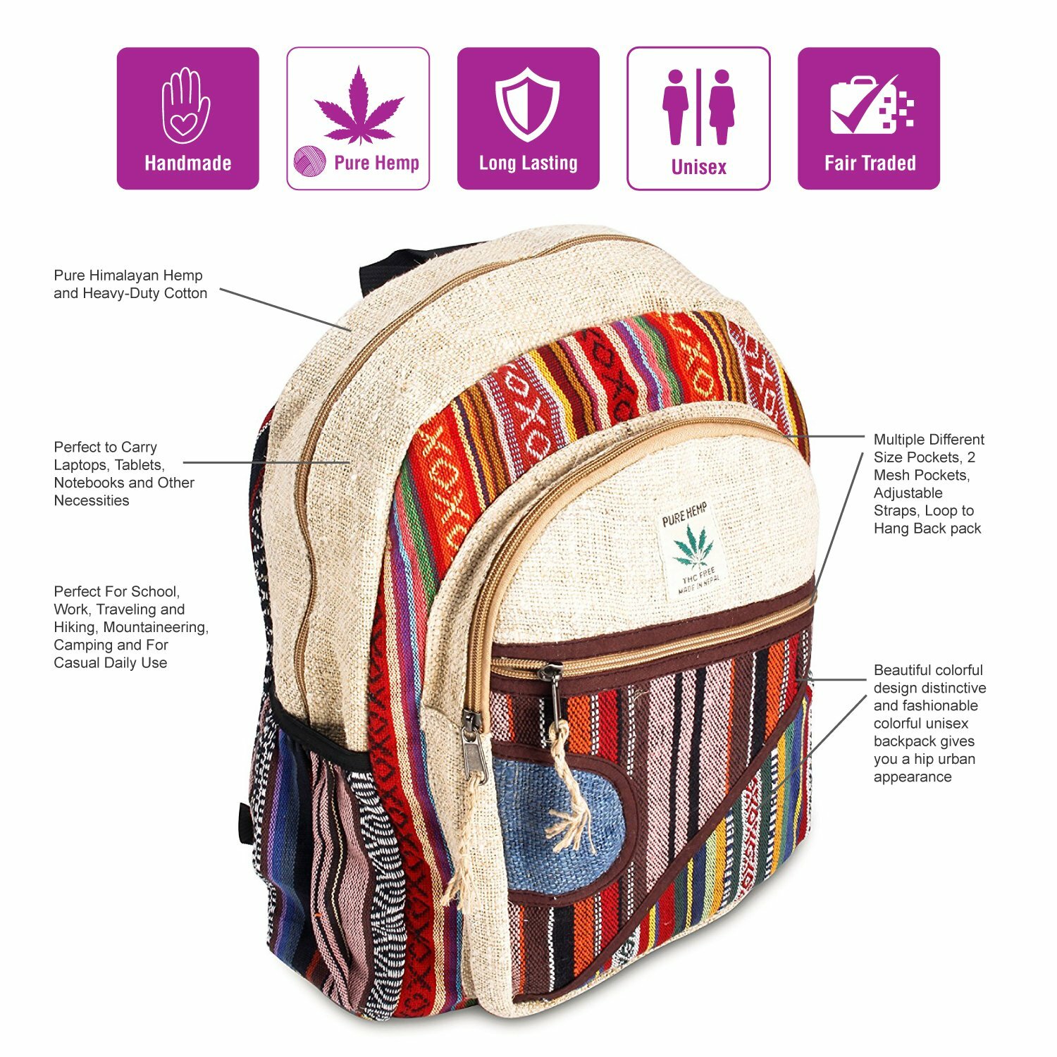 Himalayan Group Multi Pocket Pure Hemp Laptop Backpack NWT USA SELLER