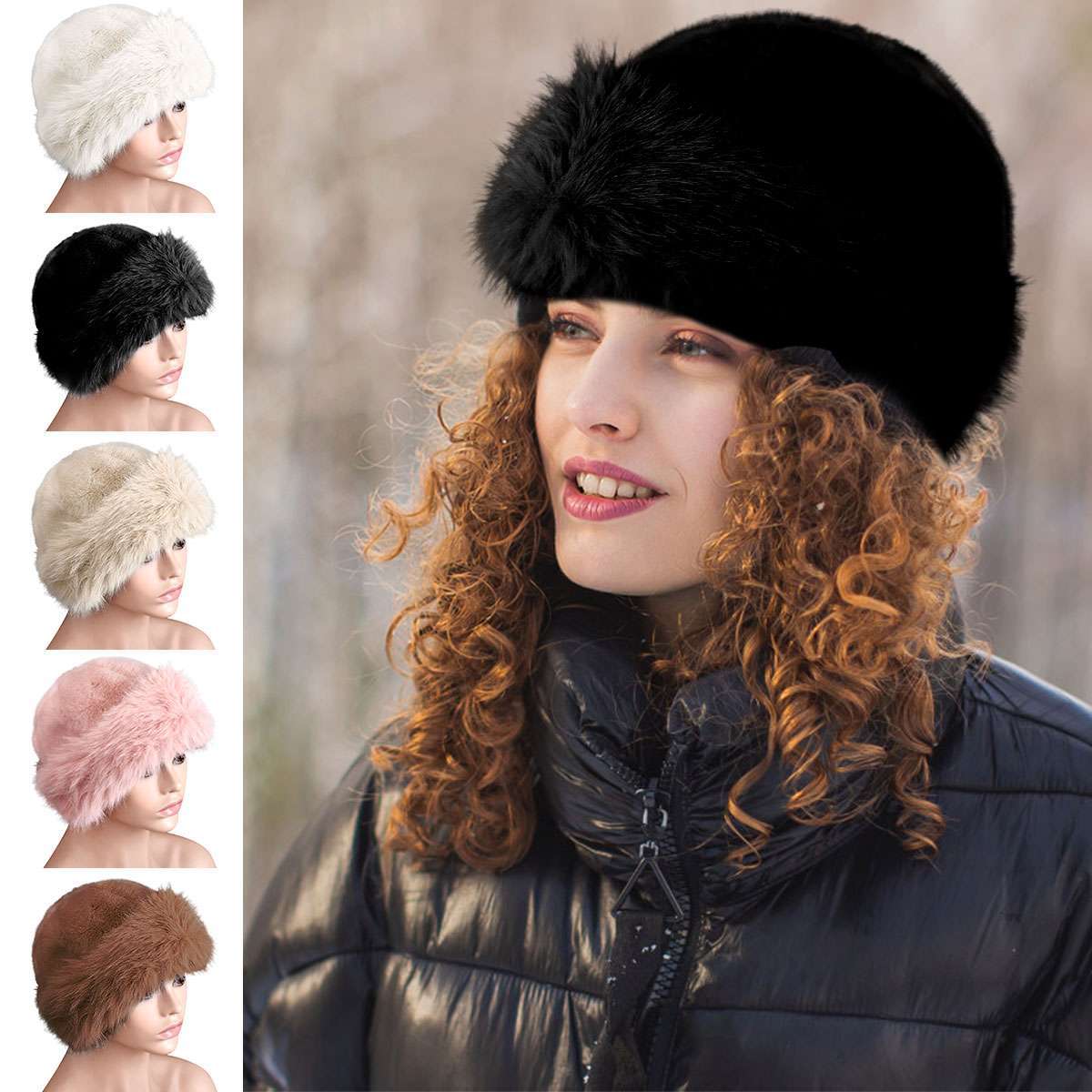 Women Winter Furry Hat Faux Fur Russian Cossack Hat Fluffy Warm Ski Snow Cap