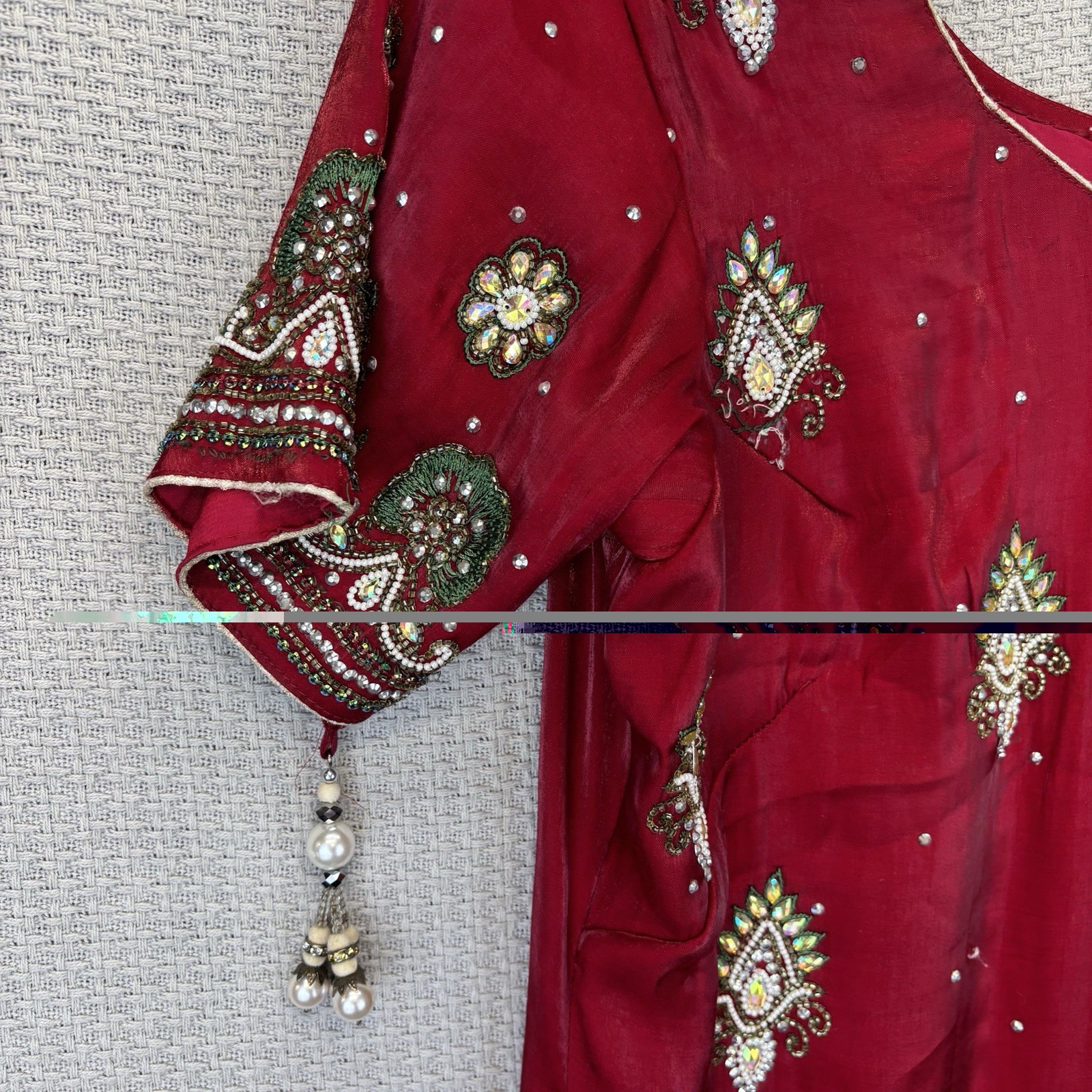 Indian Pakistani Women’s Red Heavily Beaded Kurti Kurta Tunic Dress S 4 Wedding