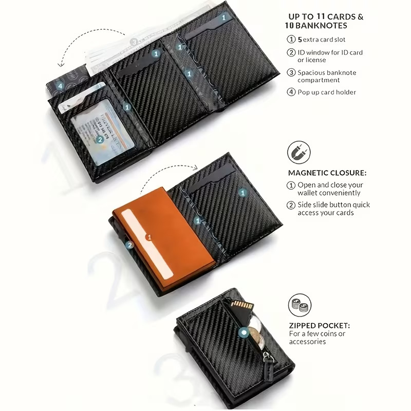 RFID, Blocking Pop Up Wallet, Carbon Fiber Card Holder, Slim Metal Wallet
