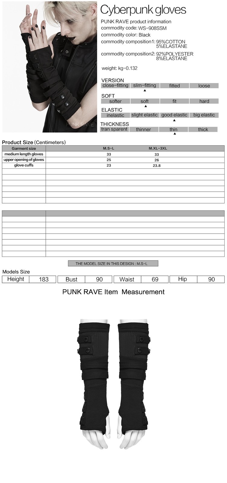 Punk Rave Men Black Goth Cyberpunk Rivets Gloves Steampunk Long Cuff Arm Warmer