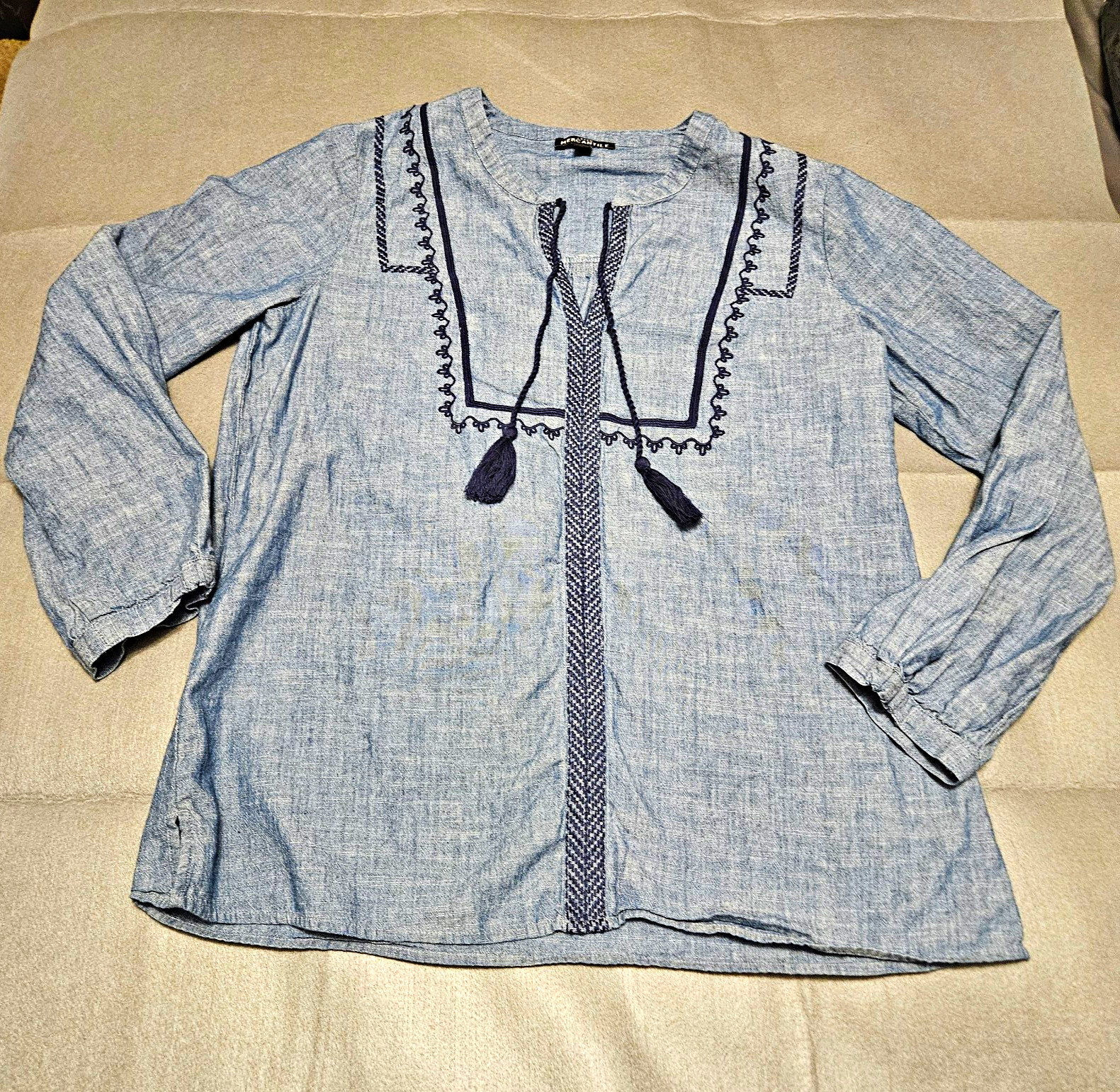 J.CREW Mercantile Blue Chambray Embroidered Tassel Tie Split Neck Blouse M