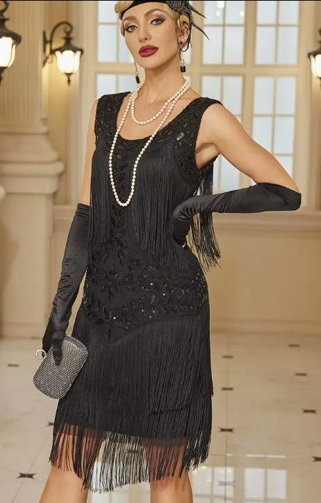 FLAPPER 1920s DRESS-Fringed, Sequined, Black Tank Dress, Vintage Style Sleeveles