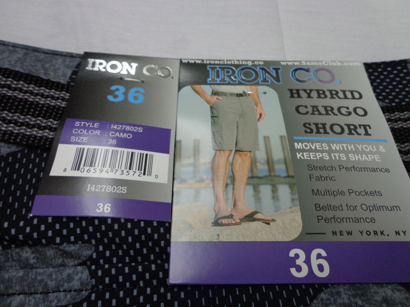 Iron Co Belted Stretch Performance Hybrid Cargo Shorts Gray Camo Size 36