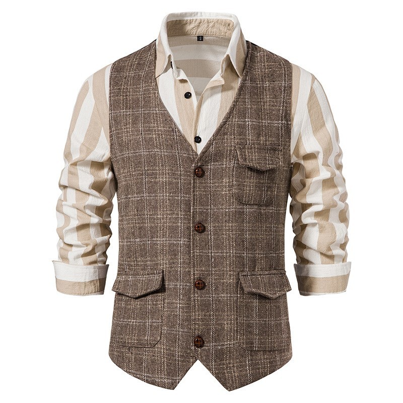 Men’s Plaid Tweed Vest Vintage Single-breasted Waistcoat England Style Suit Vest