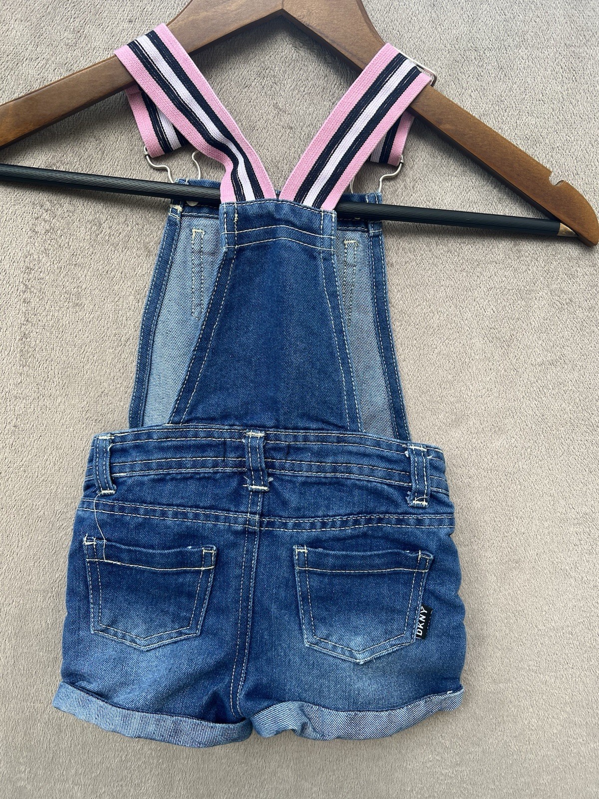 DKNY Baby Denim Shortalls Overalls Size 24M Blue Jean Pink Stripe Adjustable Leg