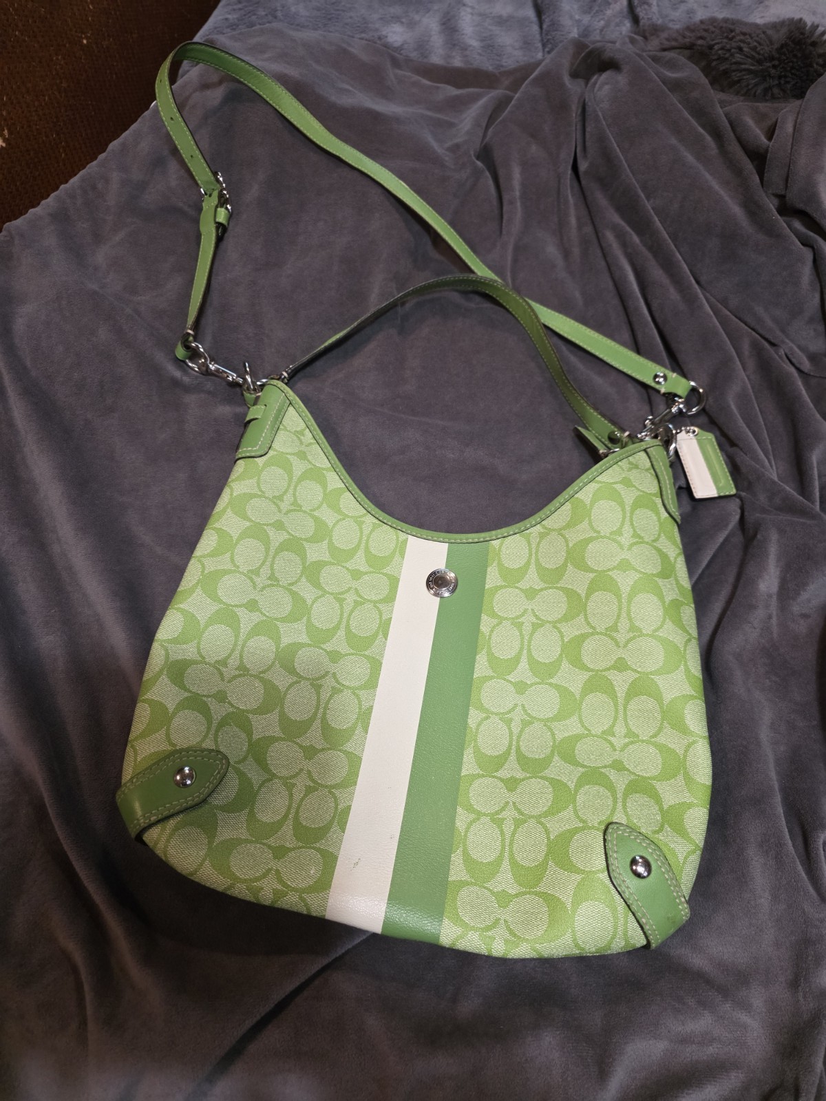 Vintage Coach Heritage Stripe hobo bag in a lime green & white signature canvas