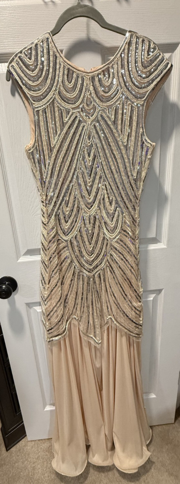 Retro 1920’s stage full length women’s silver and ivory sequin dress