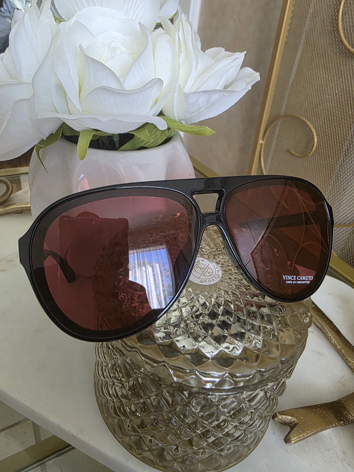 Vince Camuto Women’s Aviator Sunglasses Black Plastic Frame Red Tinted Lens