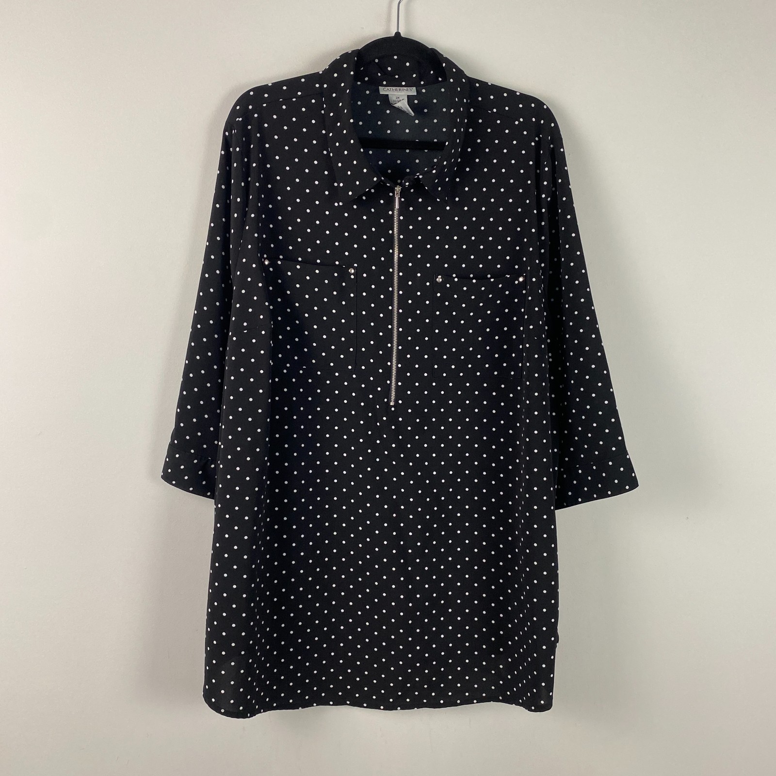 Catherines Popover Half Zip Blouse Size 2X Black White Polka Dot Stretch Tunic