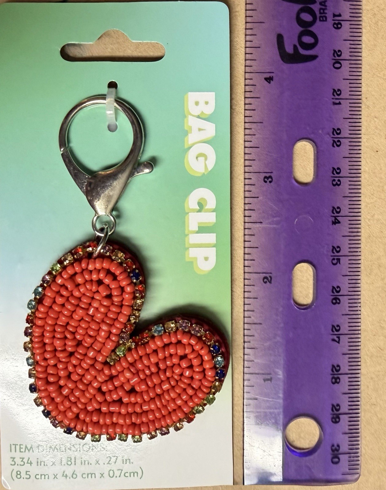Beaded Heart W/Beaded Rhinestones Bag Clip Keychain