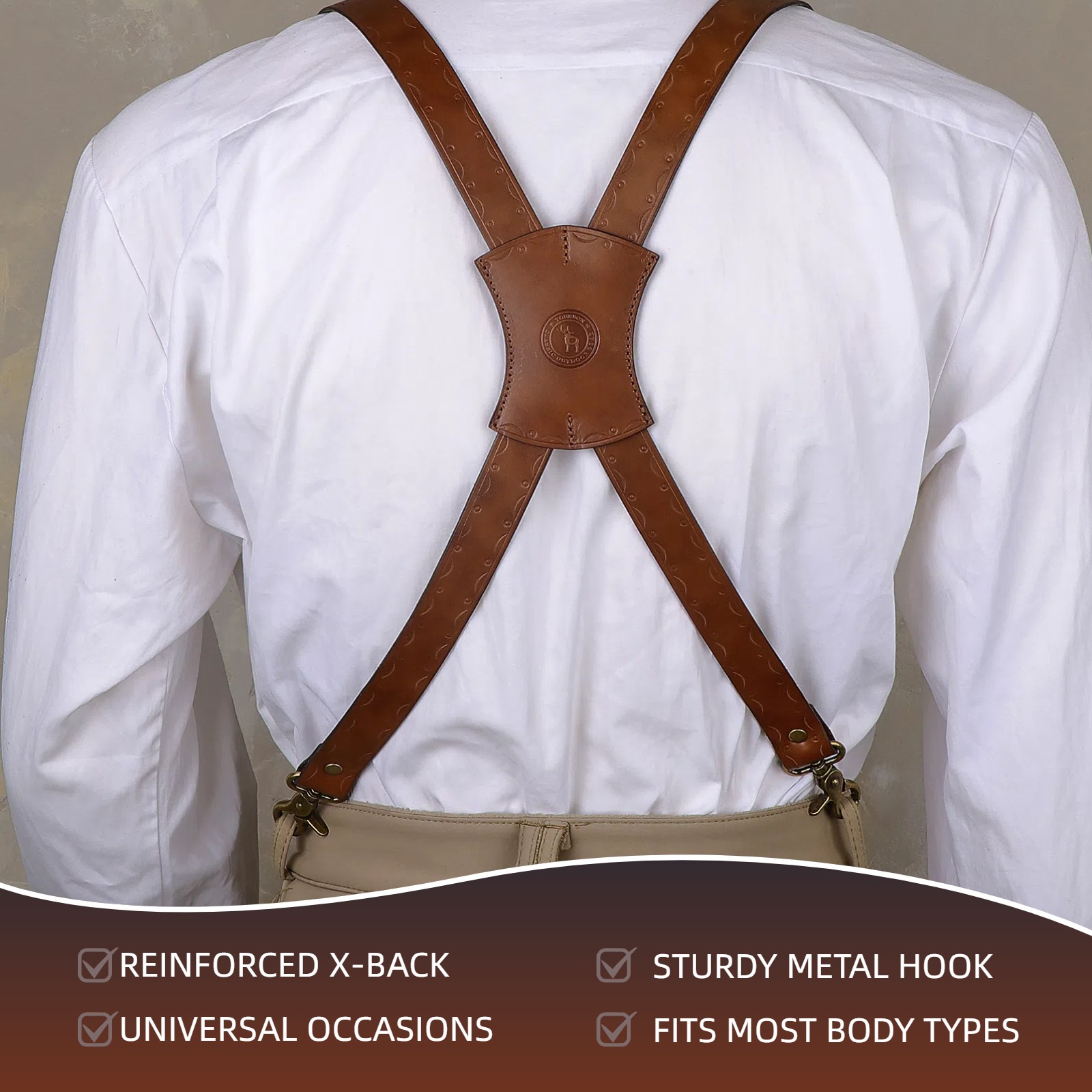 Tourbon Leather Men’s Suspenders X Back Adjustable X-Shaped Hooks Pants Braces