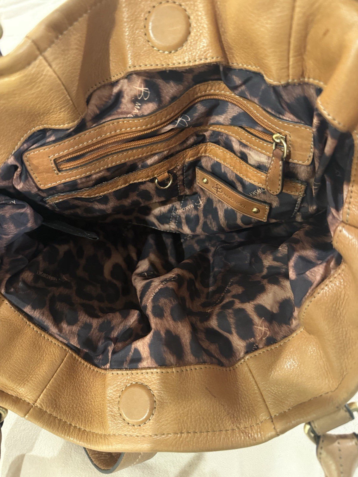 B. Makowsky Medium Satchel Top Handle Brown Tan Yellow Animal Print Lining