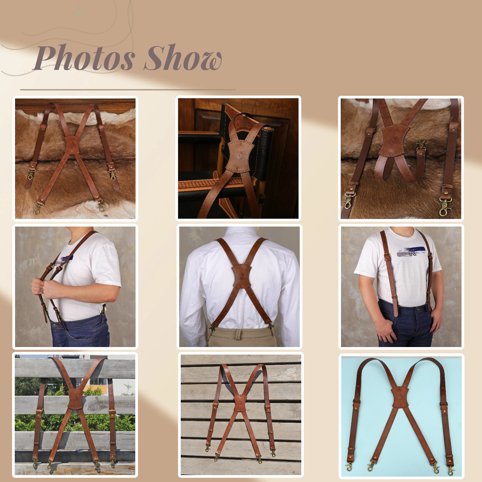 Tourbon Leather Men’s Suspenders X Back Adjustable X-Shaped Hooks Pants Braces
