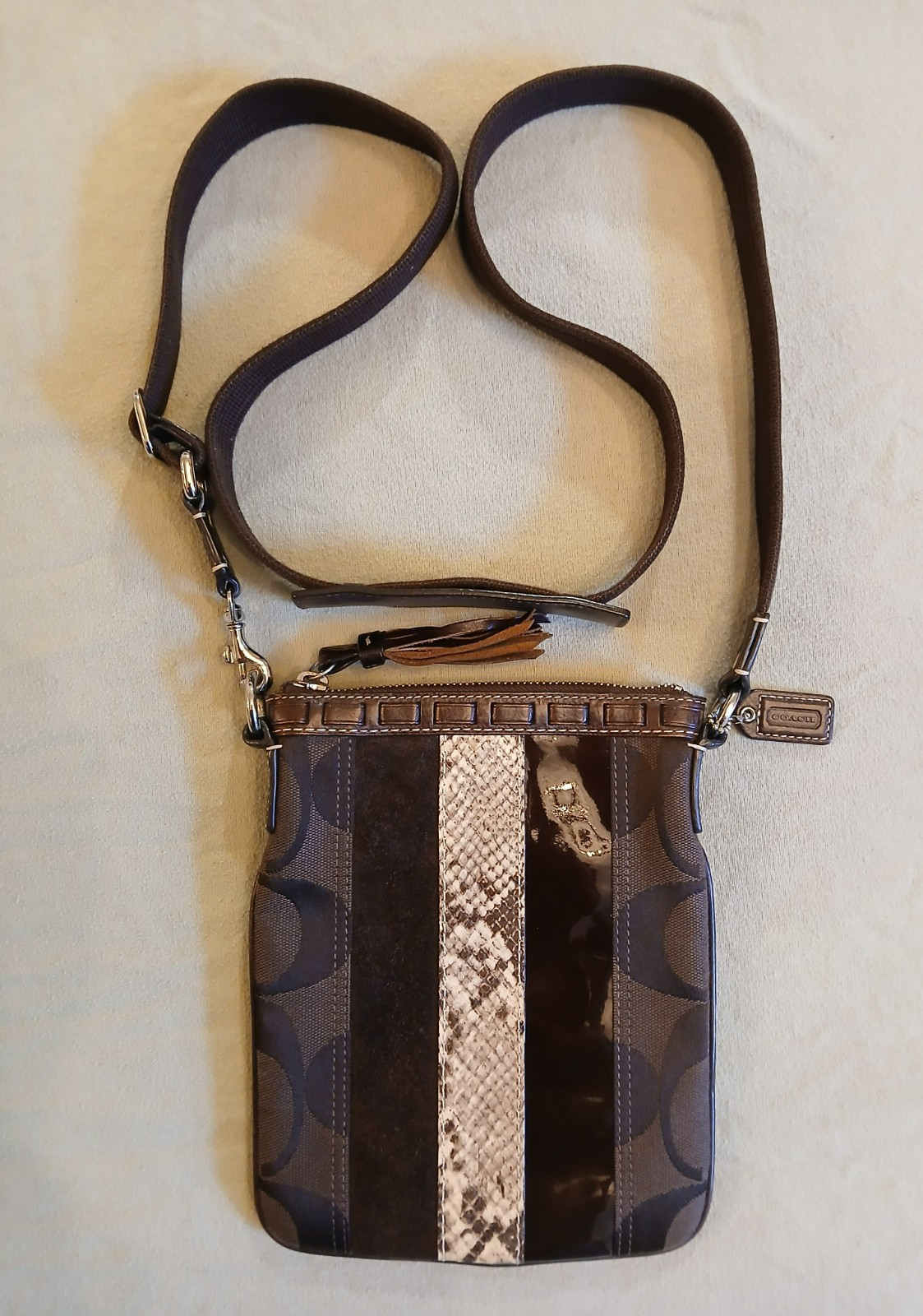 Coach, Hamptons Signature Stripe Python Crossbody, Brown, Excellent Condition