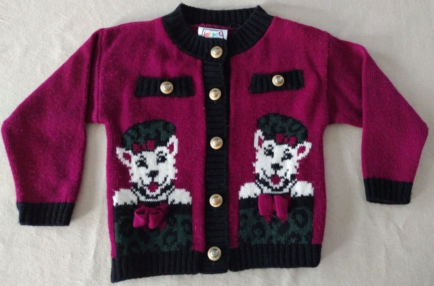 Jetset Cool Kids Girls Cardigan 3T Vintage Purple Dogs In Presents Gold Buttons