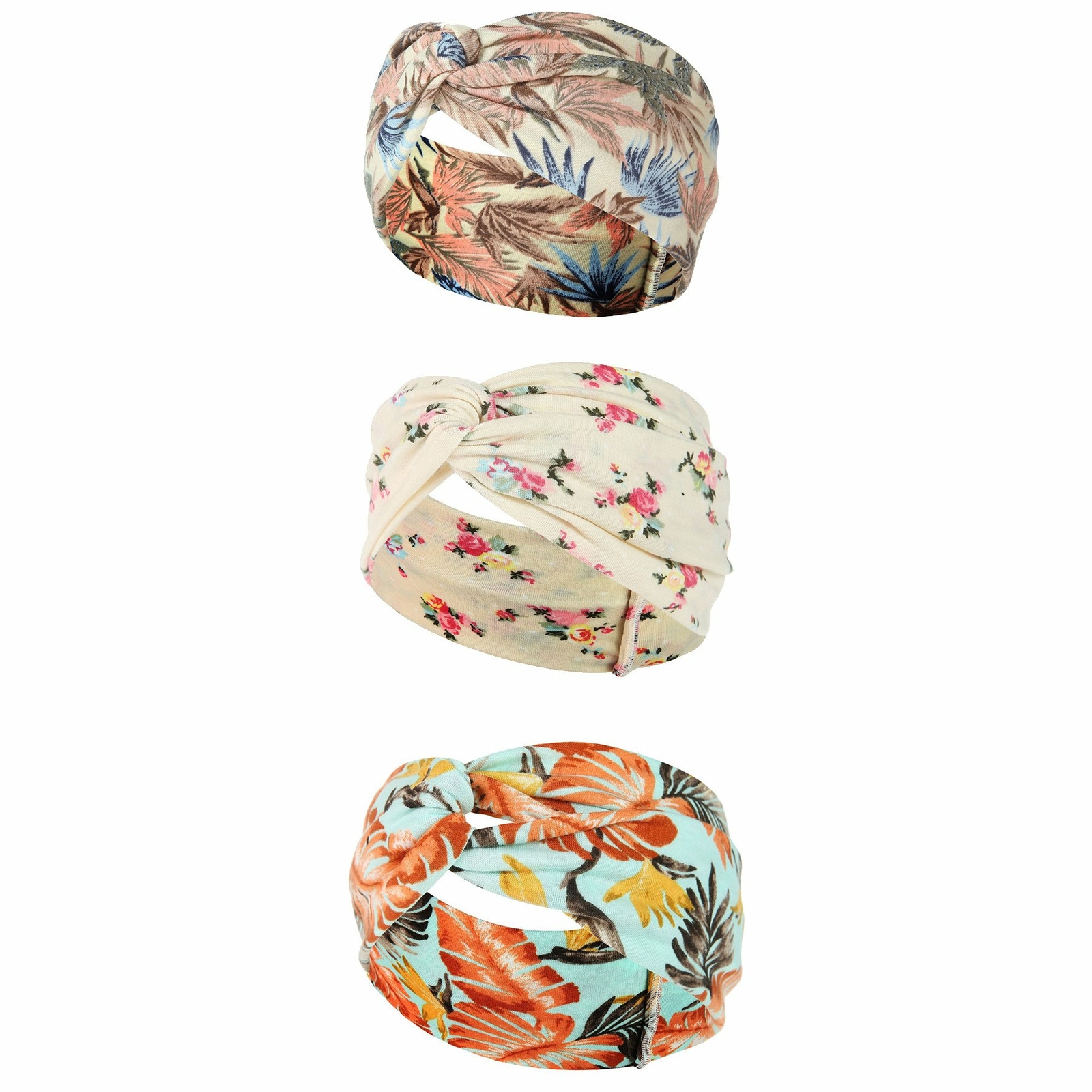 3pcs Womens Flower Printed Boho Twisted Wide Headband Turban Headwrap Hair Band