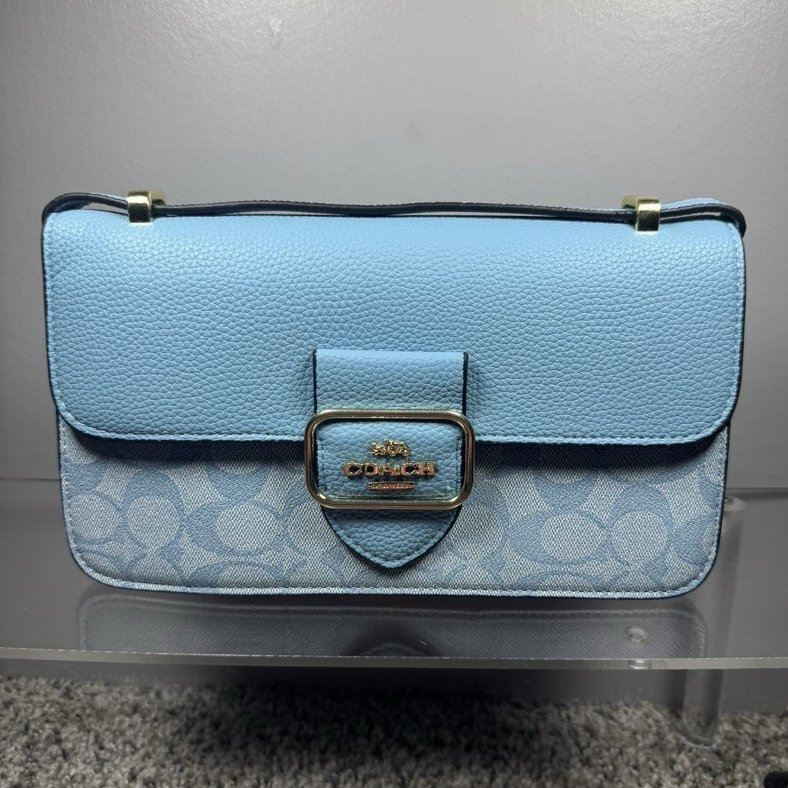 Coach Signature Logo Light Blue Crossbody Bag Magnetic Closure Detachable Strap