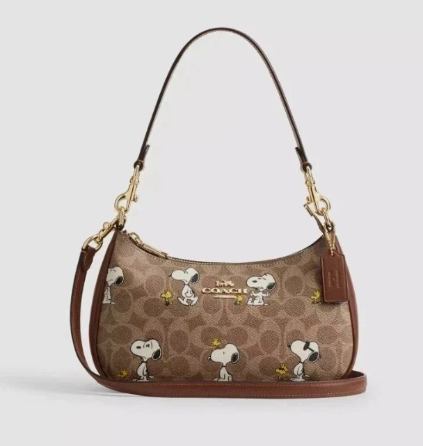 COACH x PEANUTS Teri Shoulder Bag Tan Brown Snoopy Print Signature Canvas CBJ88