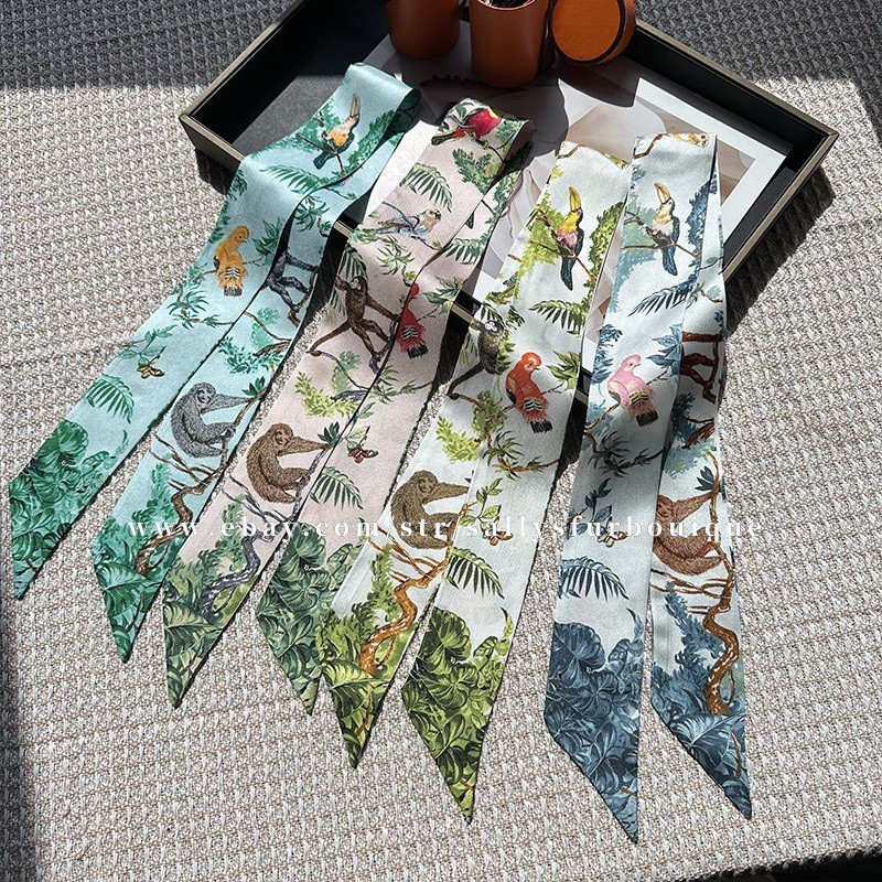 Sallys 100% Twill Silk Scarf Ribbon Jungle Print Bag Head Band Neck Tie 85x5cm