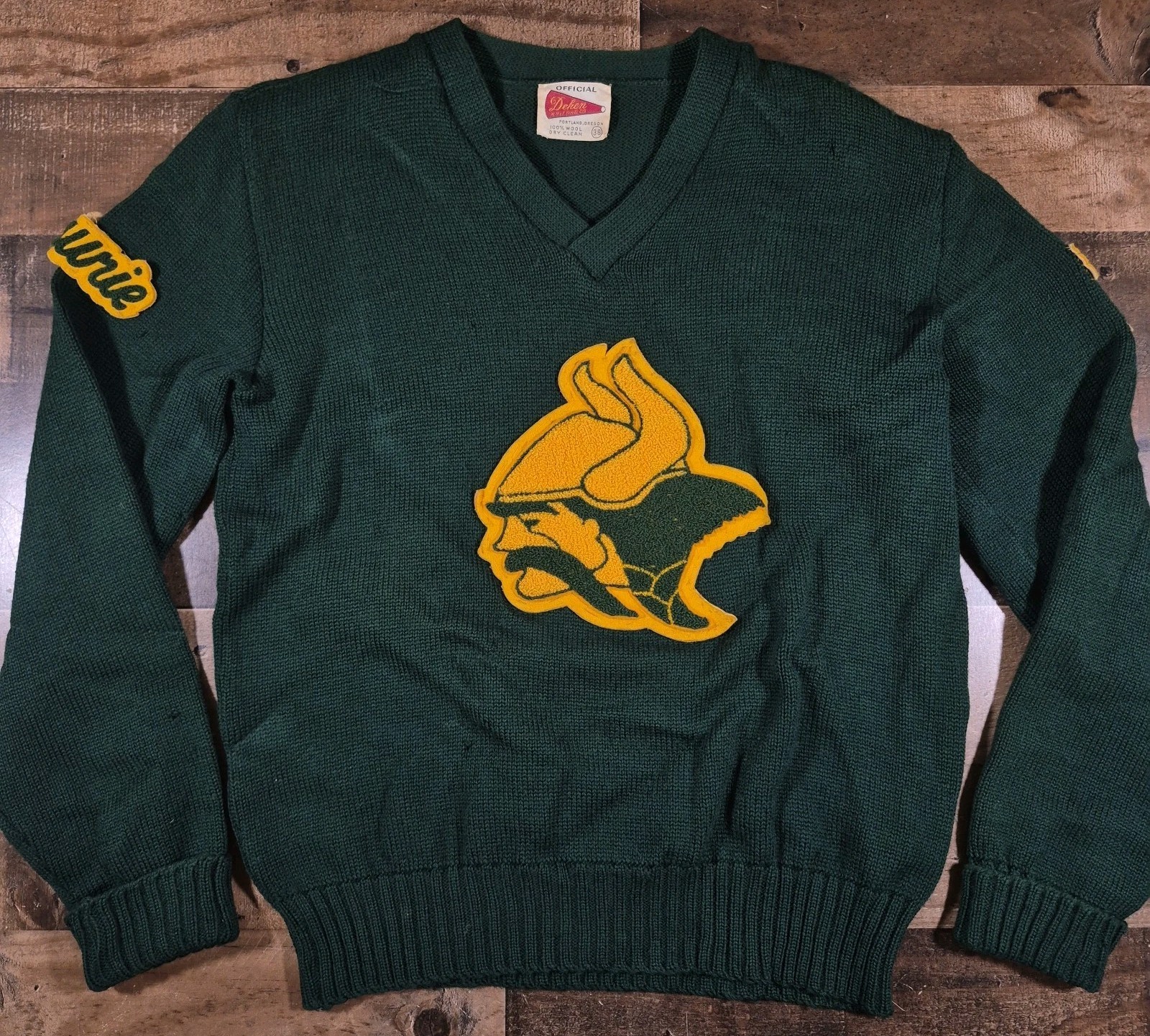 Vintage Letterman Varsity Sweater Womens 38 Green Wool Dehen Knitting 50s School