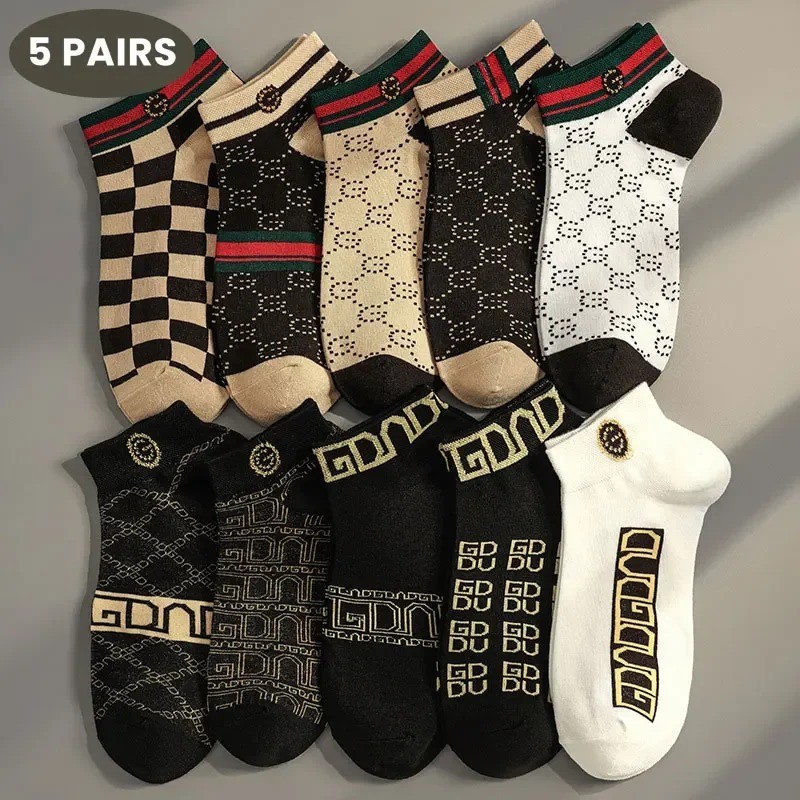 5 Pair Designer Stylish Short Socks Breathable Unisex Cotton Socks
