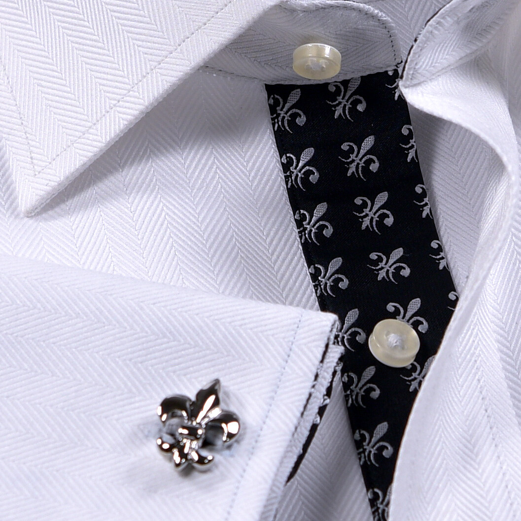 Black Italian Fleur-De-Lis White Heiingbone Twill Men’s Dress Shirt Sexy Floral