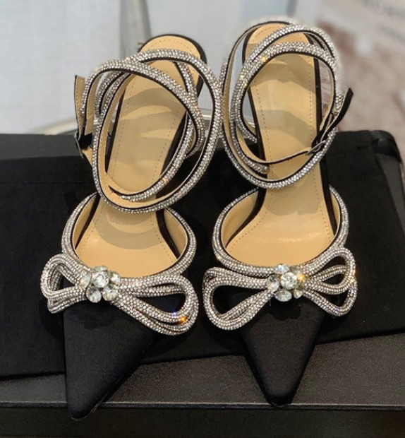 Women Rhinestone Ankle Strappy Pumps Bowknot Pointed Toe Stilettos Glitter Shoes