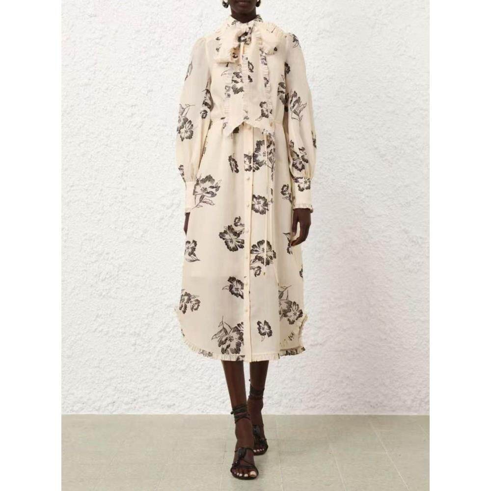 Zimmermann New Print Ruffle Collar Tie Neck Midi Dress Elegant Women