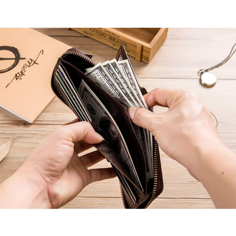 Mens Genuine Leather Zipper Wallet RFID Blocking Bifold Zip Around Card Holder