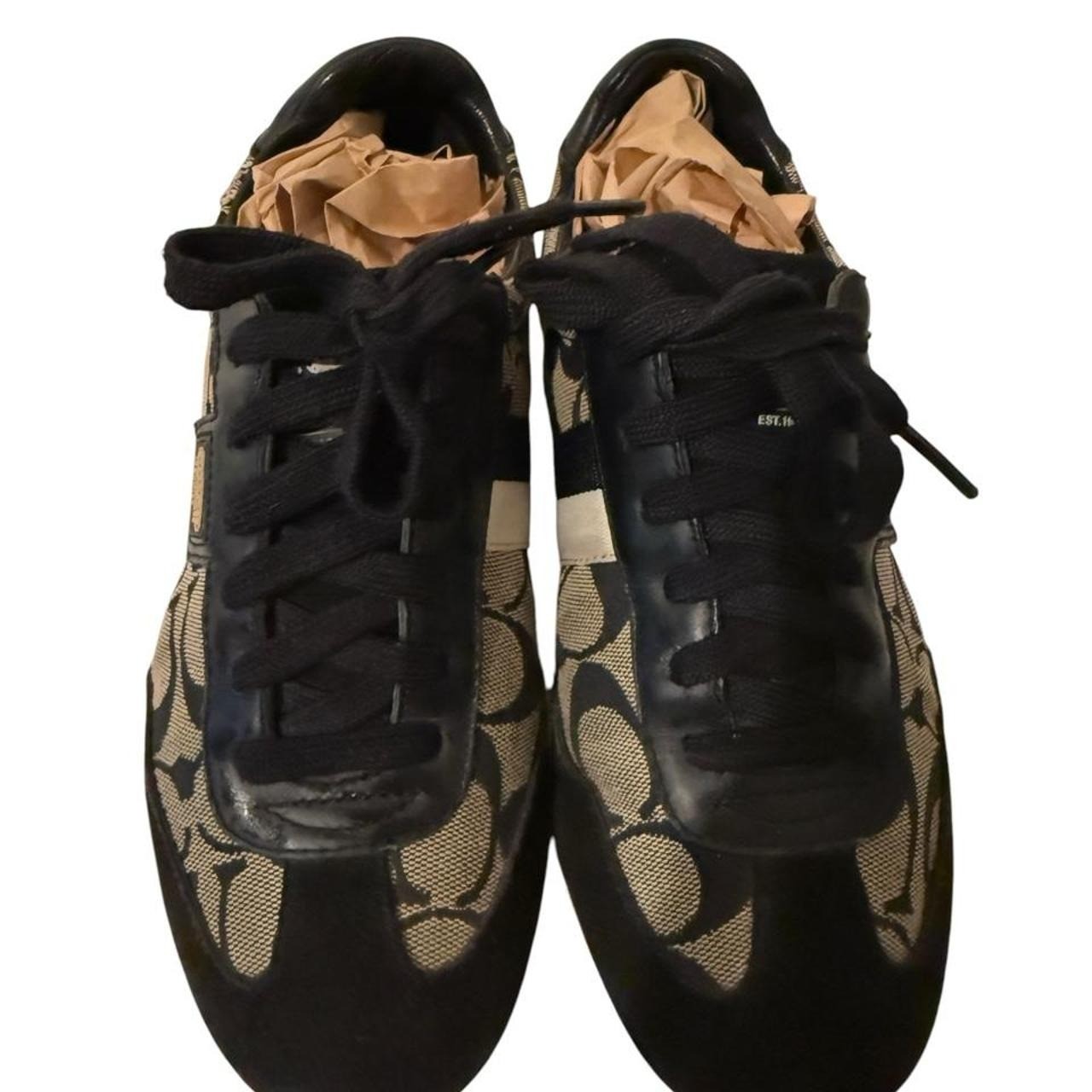Vintage Coach Joss Black and Beige Monogram Suede Sneakers Coach logo, size 7