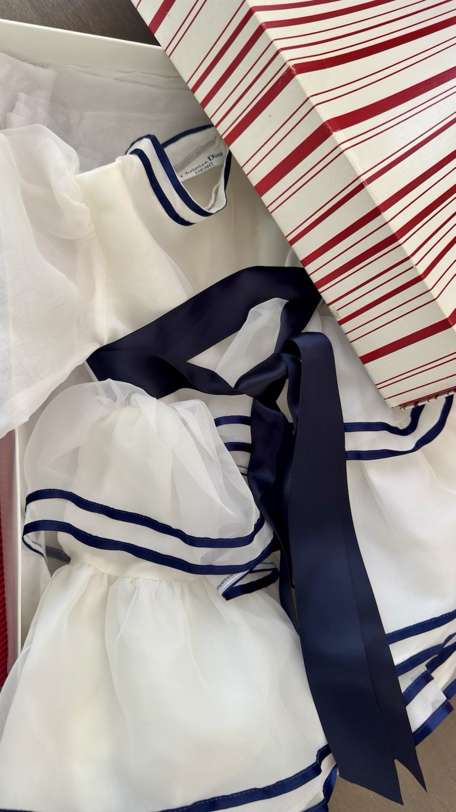 Christian Dior Girls 2T A-Line Dress White Navy Organza Puff Sleeve Bow Pleated