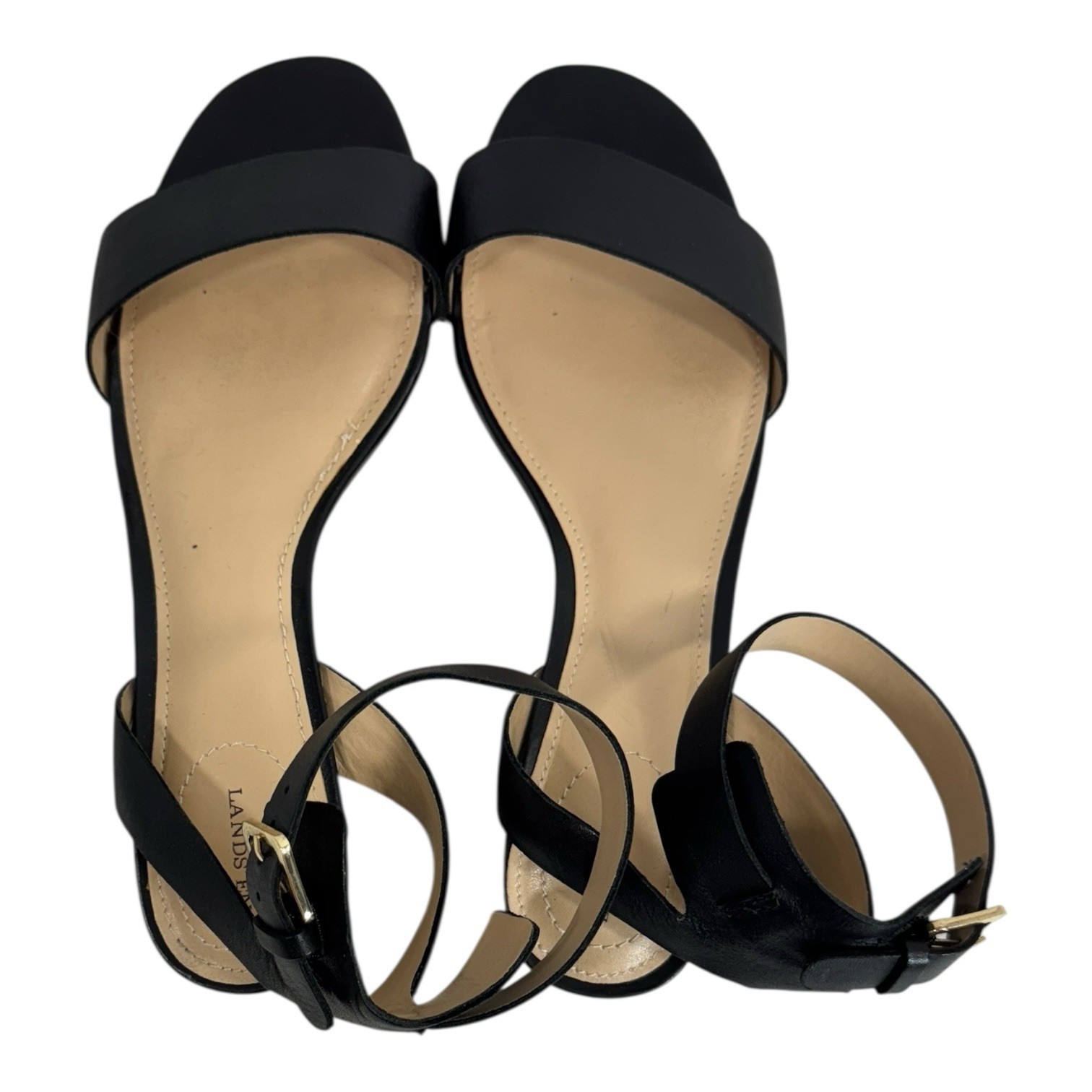 LANDS END Womens 7D 7 D Essential Leather Sandals Ankle Strap Minimalist BLACK